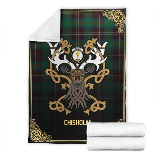Chisholm Hunting Ancient Tartan Crest Premium Blanket - Celtic Stag style For Sale - Image 4
