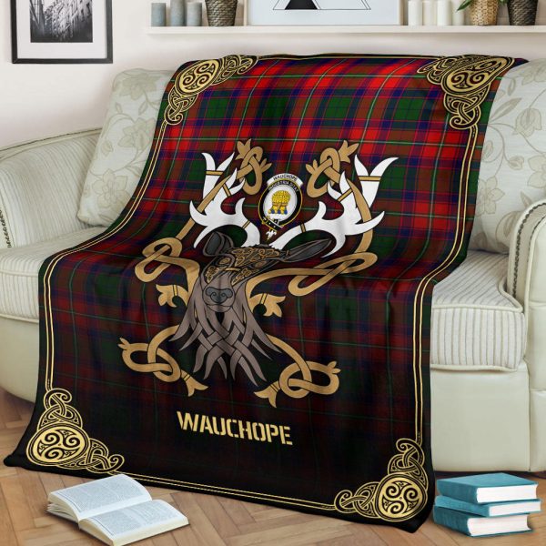 Wauchope (or Waugh) Tartan Crest Premium Blanket - Celtic Stag style on Sale - Image 2