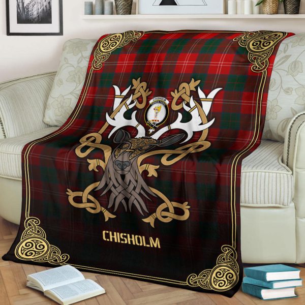 Chisholm Modern Tartan Crest Premium Blanket - Celtic Stag style Cheap - Image 2