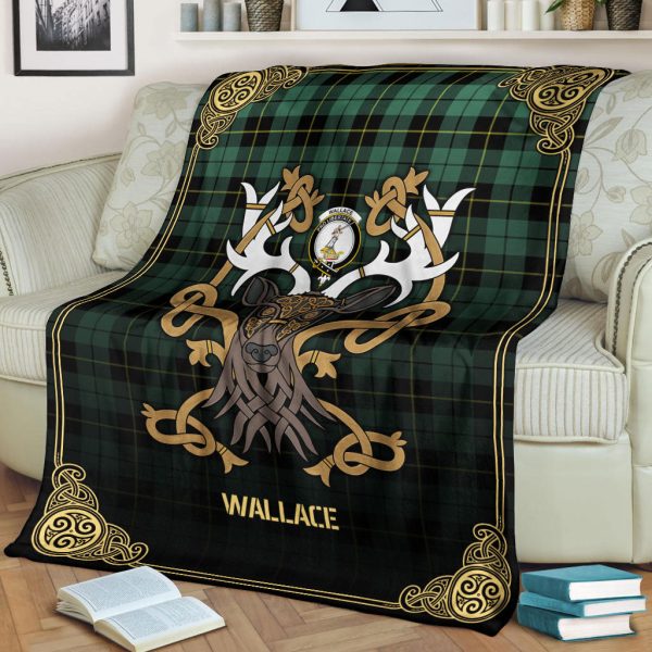 Wallace Hunting Ancient Tartan Crest Premium Blanket - Celtic Stag style For Cheap - Image 2