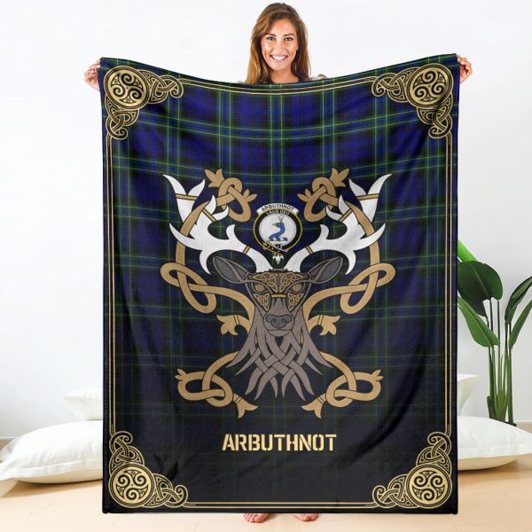 Arbuthnot Modern Tartan Crest Premium Blanket - Celtic Stag style For Sale