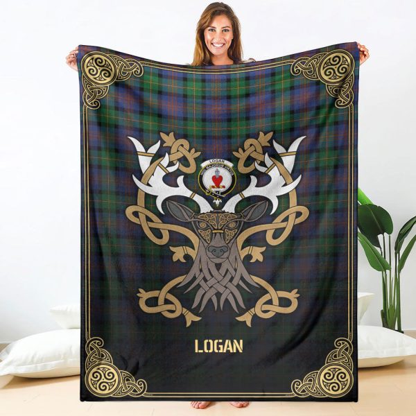 Logan Ancient Tartan Crest Premium Blanket - Celtic Stag style Cheap