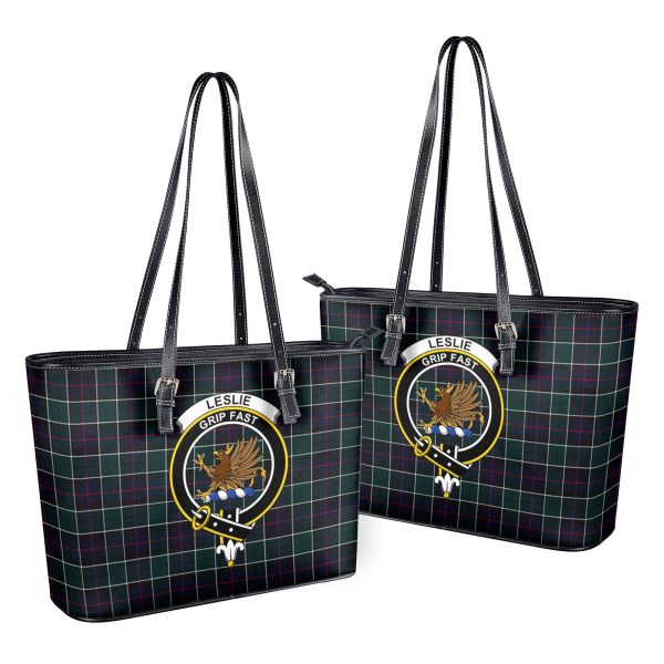 Leslie Hunting Modern Tartan Crest Leather Tote Bag Supply