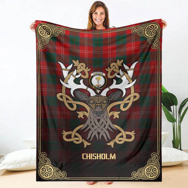 Chisholm Modern Tartan Crest Premium Blanket - Celtic Stag style Cheap