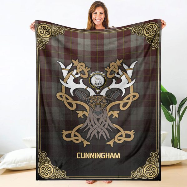 Cunningham Burgundy Dancers Tartan Crest Premium Blanket - Celtic Stag style For Sale