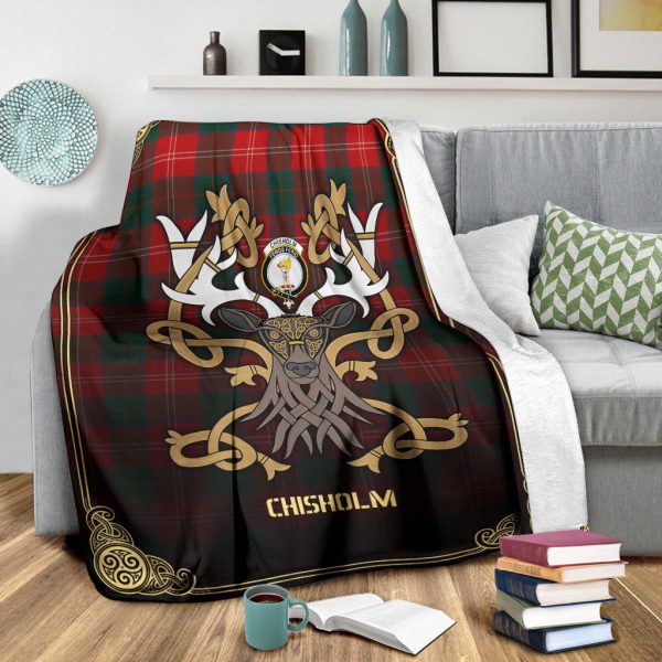 Chisholm Modern Tartan Crest Premium Blanket - Celtic Stag style Cheap - Image 3